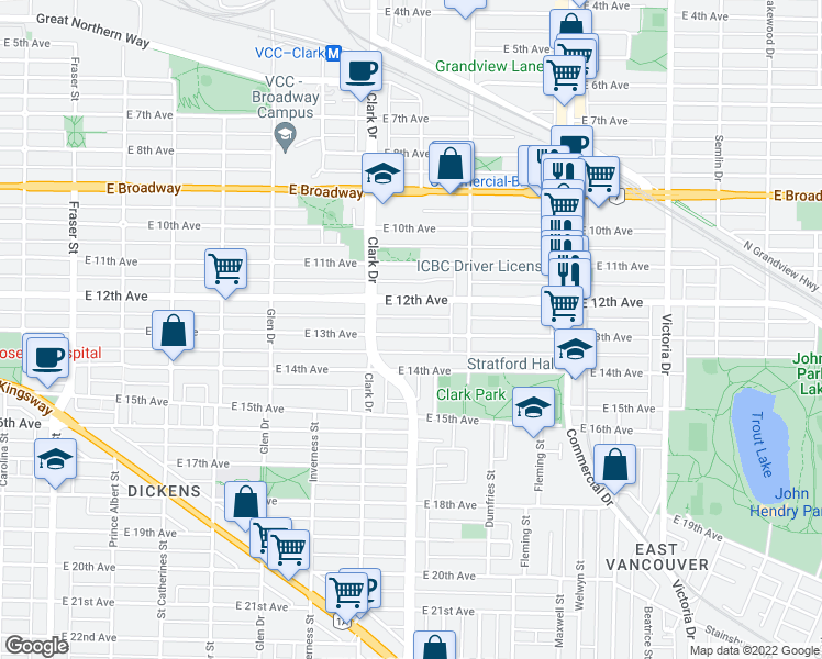 map of restaurants, bars, coffee shops, grocery stores, and more near 1371 East 13th Avenue in Vancouver