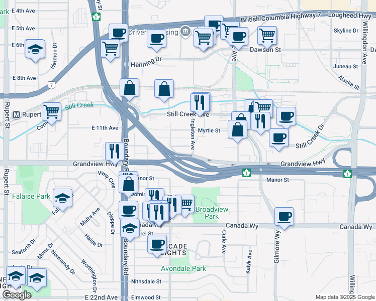 map of restaurants, bars, coffee shops, grocery stores, and more near 3876 Regent Street in Burnaby