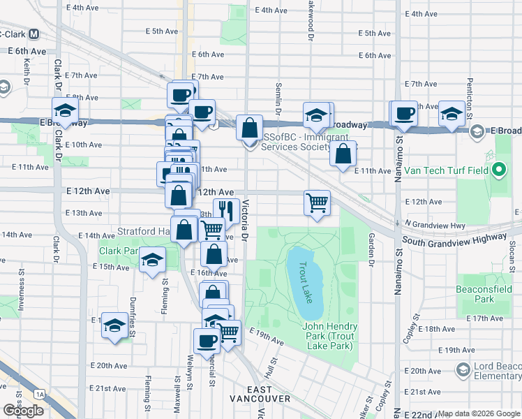 map of restaurants, bars, coffee shops, grocery stores, and more near 1947 East 13th Avenue in Vancouver