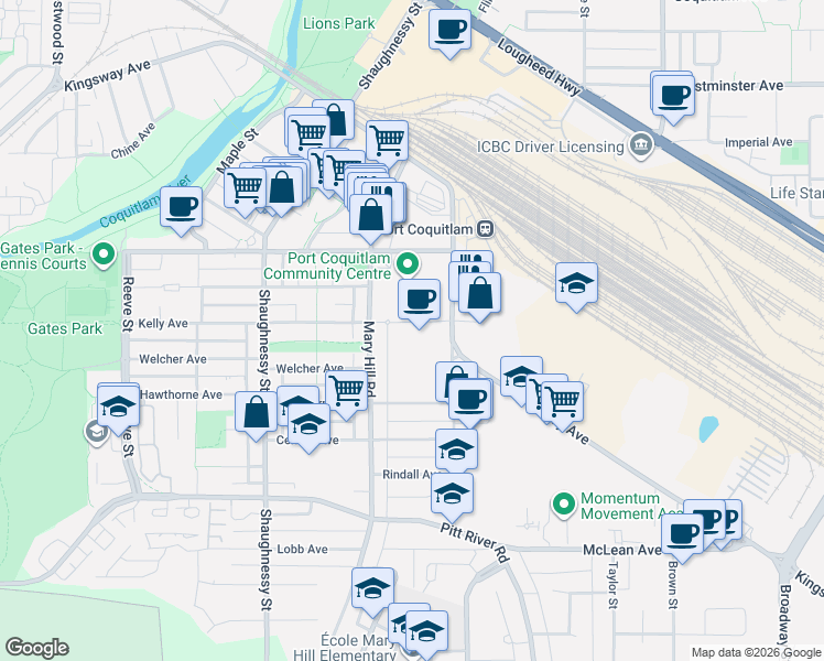 map of restaurants, bars, coffee shops, grocery stores, and more near 2180 Kelly Avenue in Port Coquitlam