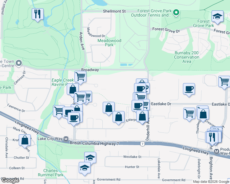 map of restaurants, bars, coffee shops, grocery stores, and more near 7950 Venture Street in Burnaby