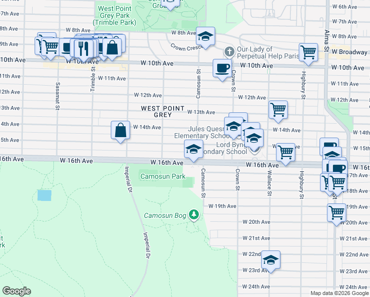 map of restaurants, bars, coffee shops, grocery stores, and more near 4142 West 15th Avenue in Vancouver