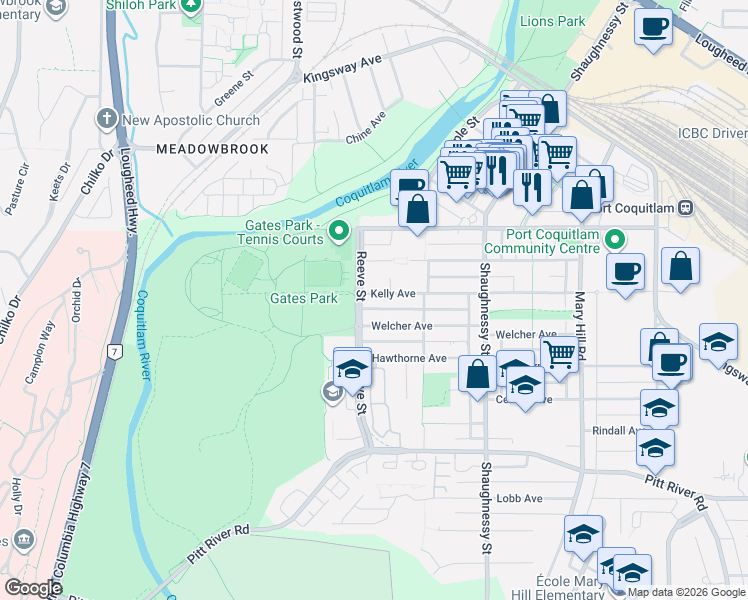 map of restaurants, bars, coffee shops, grocery stores, and more near 2488 Kelly Avenue in Port Coquitlam