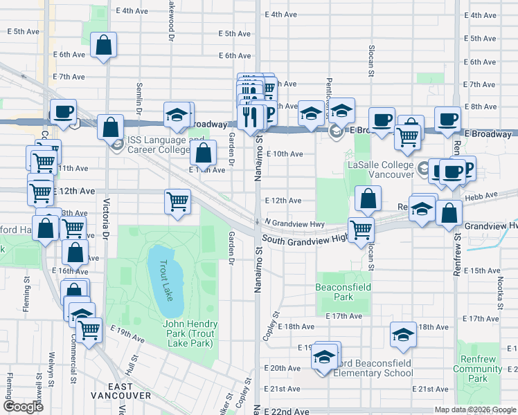 map of restaurants, bars, coffee shops, grocery stores, and more near 2820 Nanaimo Street in Vancouver