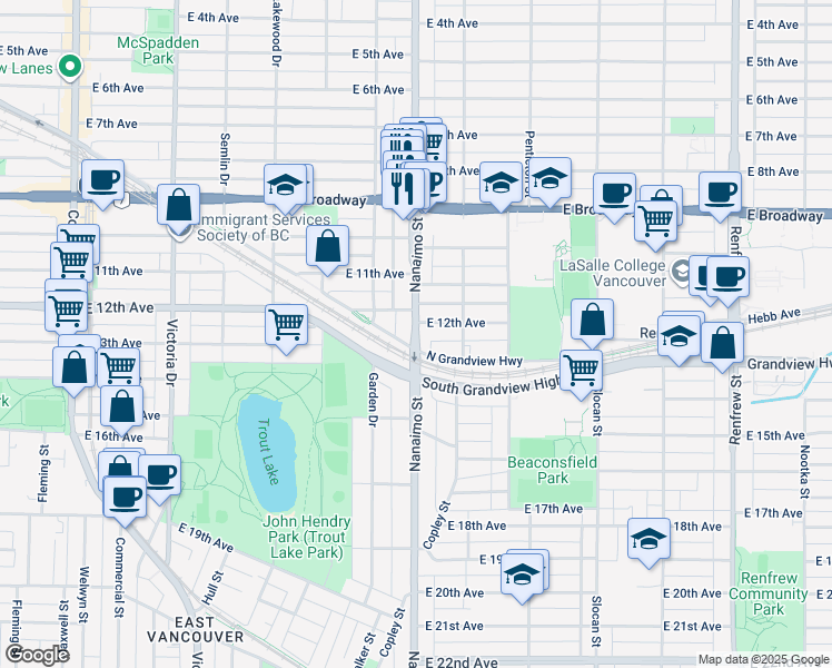 map of restaurants, bars, coffee shops, grocery stores, and more near 2820 Nanaimo Street in Vancouver