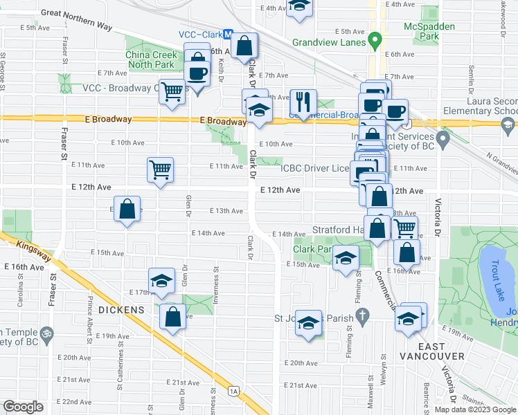 map of restaurants, bars, coffee shops, grocery stores, and more near 1317 East 13th Avenue in Vancouver