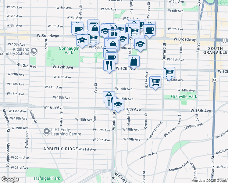 map of restaurants, bars, coffee shops, grocery stores, and more near 3028 Arbutus Street in Vancouver