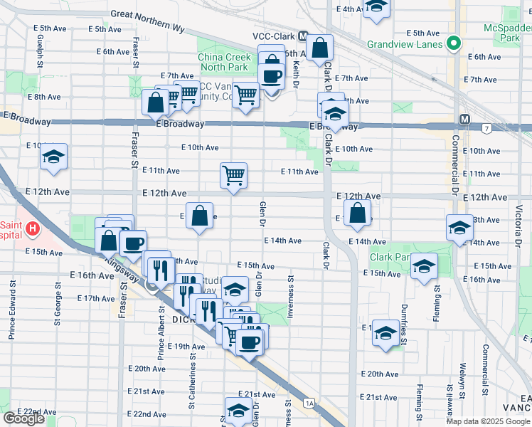 map of restaurants, bars, coffee shops, grocery stores, and more near 2888 Glen Drive in Vancouver