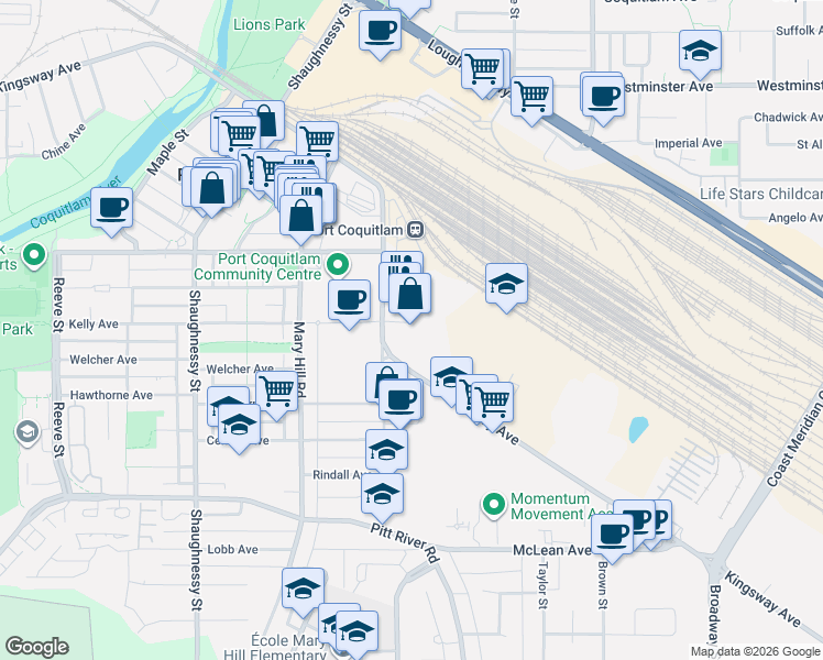 map of restaurants, bars, coffee shops, grocery stores, and more near 2071 Kingsway Avenue in Port Coquitlam