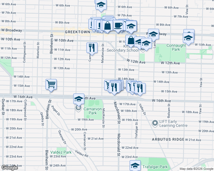 map of restaurants, bars, coffee shops, grocery stores, and more near 2861 West 15th Avenue in Vancouver