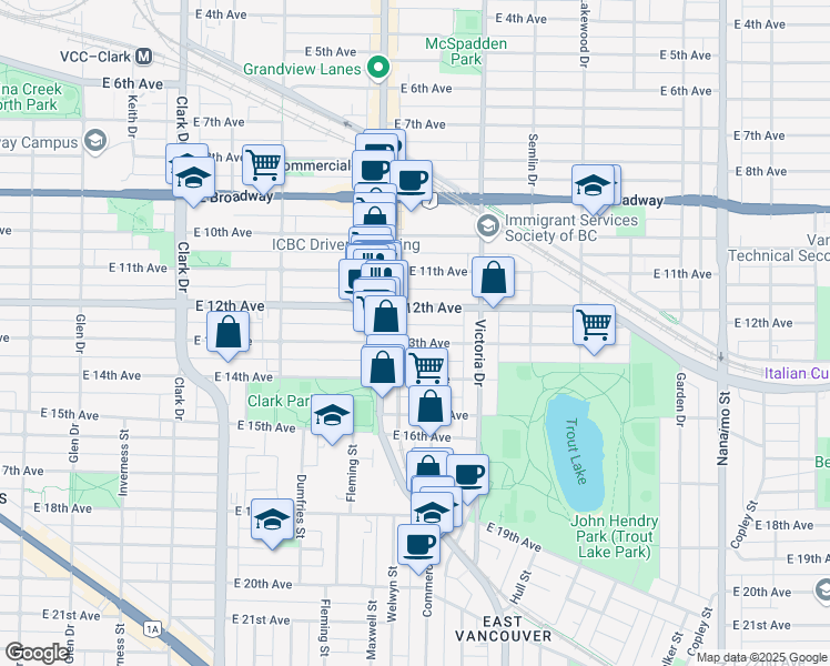 map of restaurants, bars, coffee shops, grocery stores, and more near 1749 East 13th Avenue in Vancouver