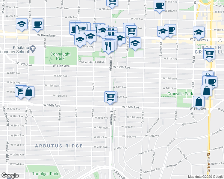 map of restaurants, bars, coffee shops, grocery stores, and more near in Vancouver