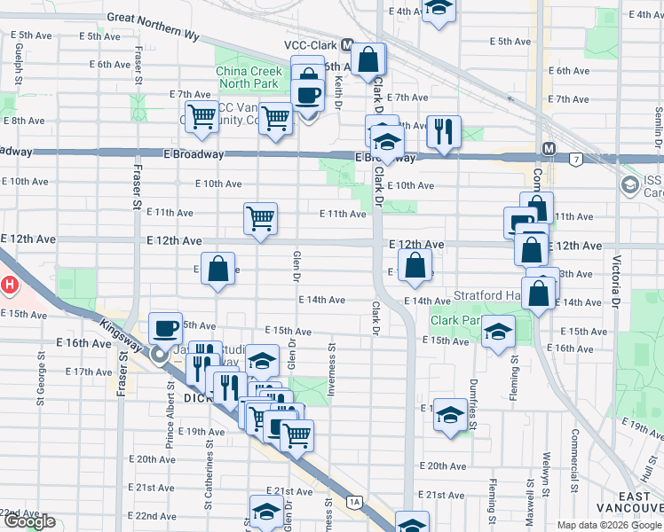 map of restaurants, bars, coffee shops, grocery stores, and more near 1199 East 13th Avenue in Vancouver