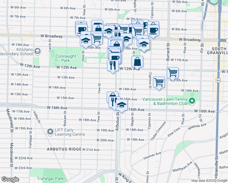 map of restaurants, bars, coffee shops, grocery stores, and more near 3025 Arbutus Street in Vancouver