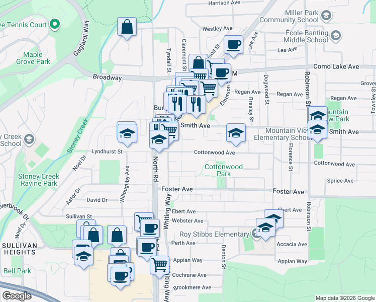 map of restaurants, bars, coffee shops, grocery stores, and more near 537 Cottonwood Avenue in Coquitlam