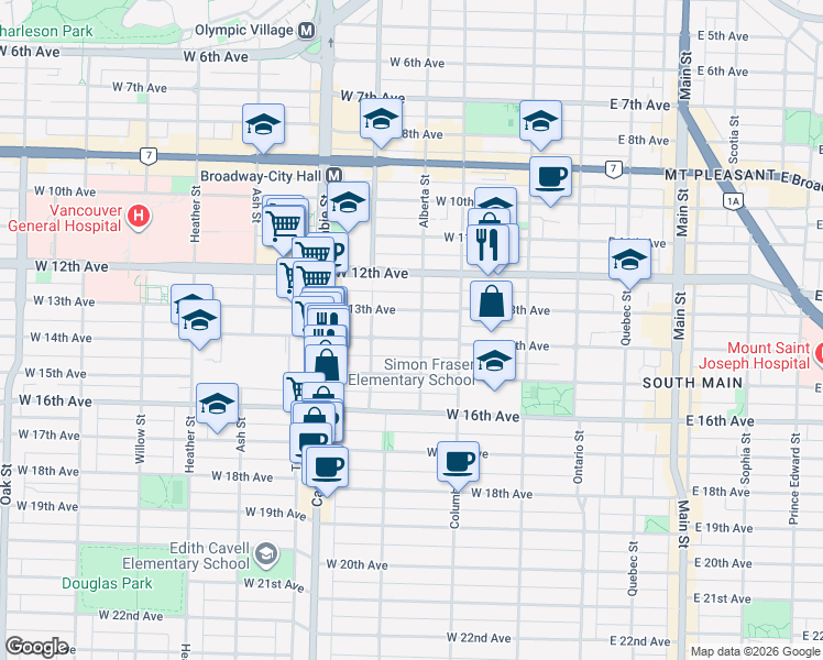 map of restaurants, bars, coffee shops, grocery stores, and more near 311 West 14th Avenue in Vancouver