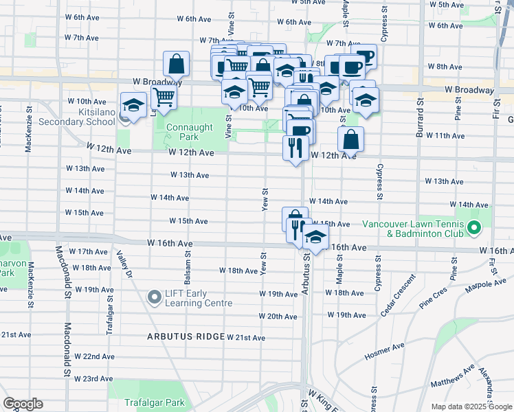 map of restaurants, bars, coffee shops, grocery stores, and more near 2214 West 14th Avenue in Vancouver
