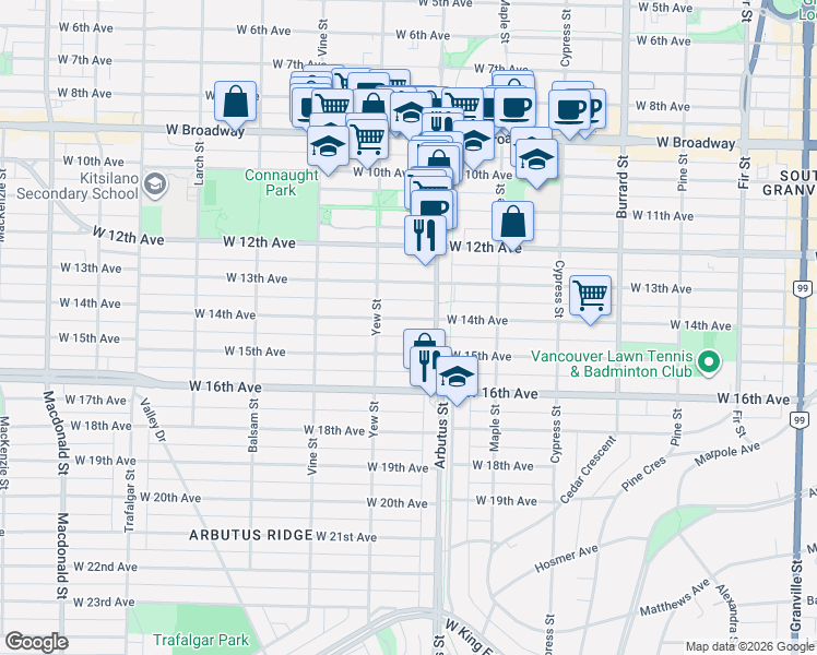 map of restaurants, bars, coffee shops, grocery stores, and more near 2146 West 14th Avenue in Vancouver