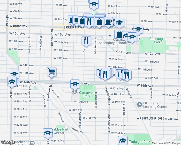 map of restaurants, bars, coffee shops, grocery stores, and more near 2935 West 15th Avenue in Vancouver
