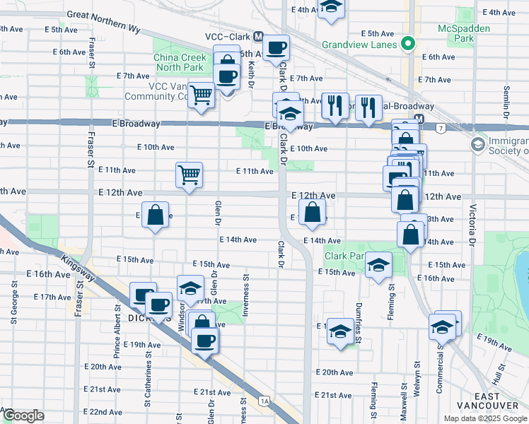 map of restaurants, bars, coffee shops, grocery stores, and more near 1243 East 13th Avenue in Vancouver