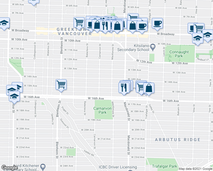 map of restaurants, bars, coffee shops, grocery stores, and more near 2939 West 15th Avenue in Vancouver