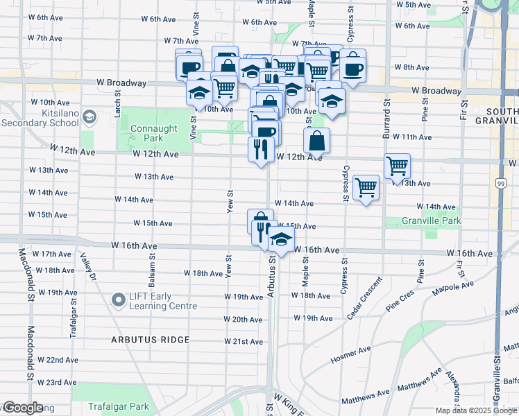 map of restaurants, bars, coffee shops, grocery stores, and more near 2118 West 14th Avenue in Vancouver