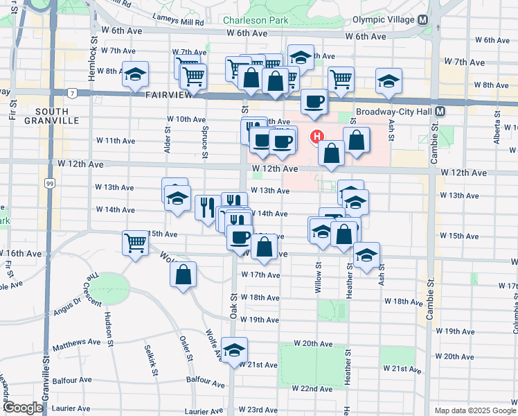 map of restaurants, bars, coffee shops, grocery stores, and more near 955 West 14th Avenue in Vancouver