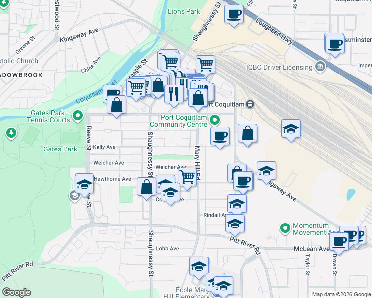 map of restaurants, bars, coffee shops, grocery stores, and more near 2214 Kelly Avenue in Port Coquitlam