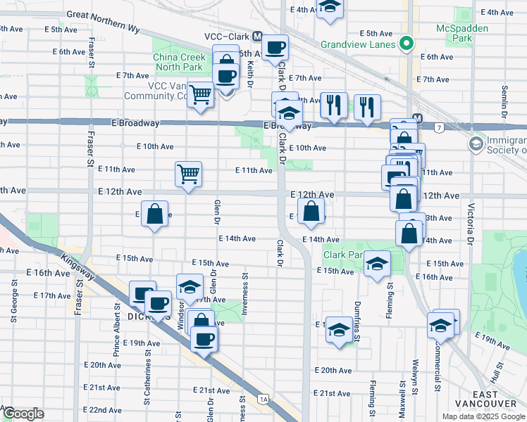 map of restaurants, bars, coffee shops, grocery stores, and more near 1243 East 13th Avenue in Vancouver