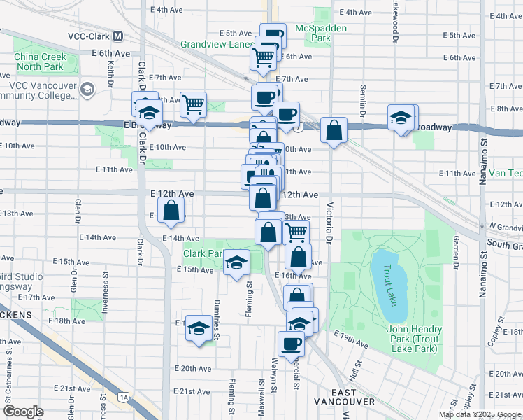map of restaurants, bars, coffee shops, grocery stores, and more near 2915 Commercial Drive in Vancouver