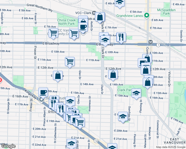 map of restaurants, bars, coffee shops, grocery stores, and more near 1229 East 13th Avenue in Vancouver