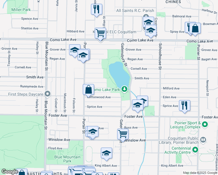 map of restaurants, bars, coffee shops, grocery stores, and more near 1135 Milford Avenue in Coquitlam