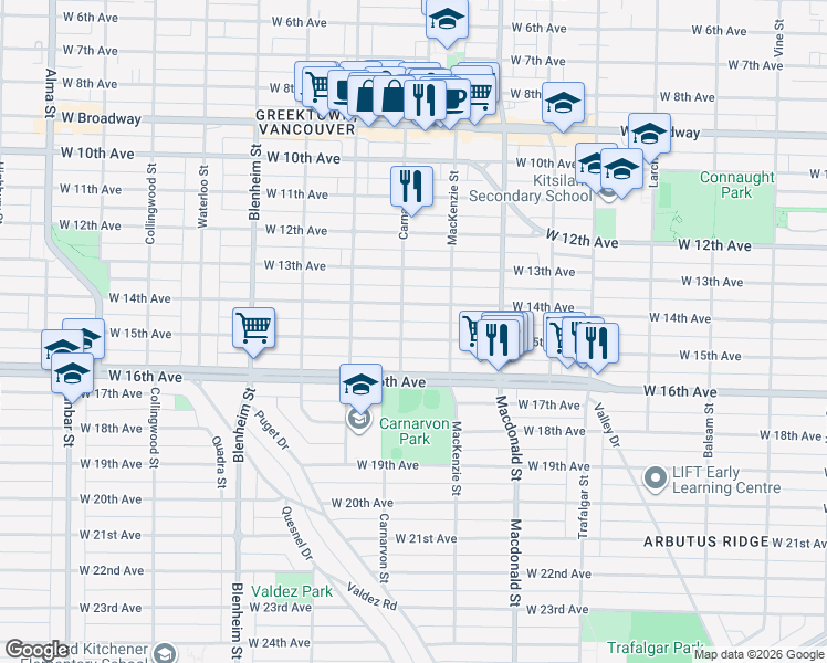 map of restaurants, bars, coffee shops, grocery stores, and more near 2975 West 15th Avenue in Vancouver