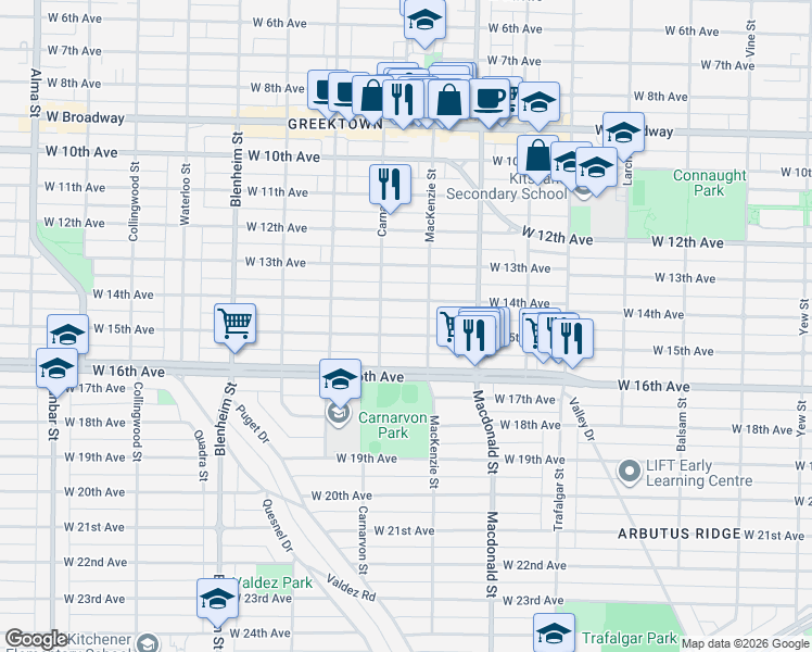 map of restaurants, bars, coffee shops, grocery stores, and more near 2939 West 15th Avenue in Vancouver