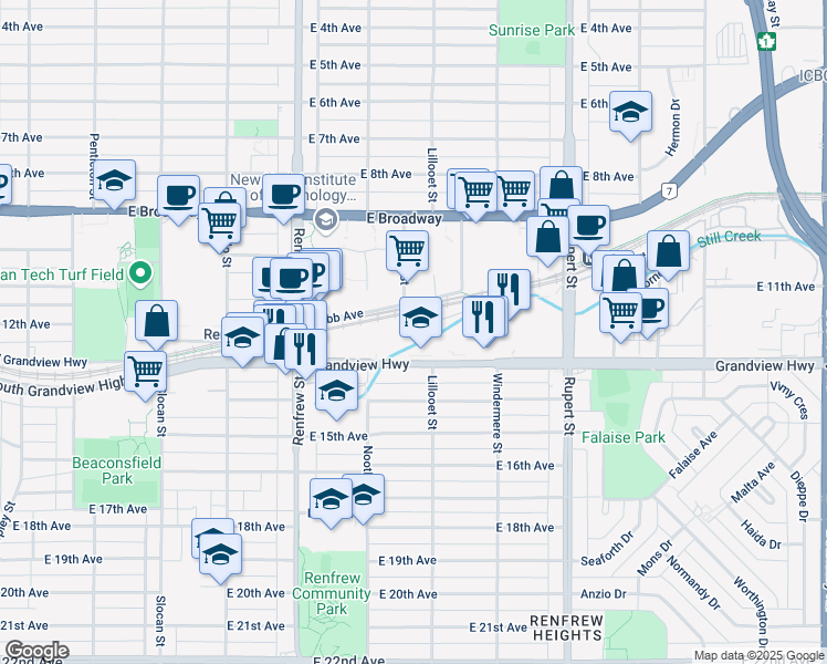map of restaurants, bars, coffee shops, grocery stores, and more near 3003 Grandview Highway in Vancouver