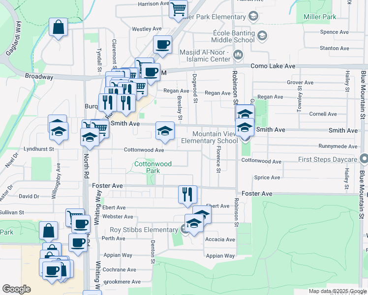 map of restaurants, bars, coffee shops, grocery stores, and more near 625 Cottonwood Avenue in Coquitlam