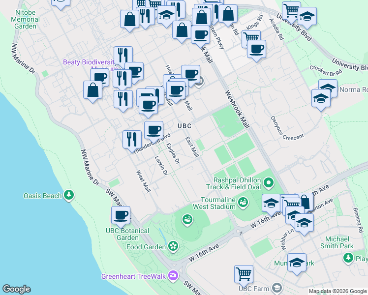 map of restaurants, bars, coffee shops, grocery stores, and more near 6230 Logan Lane in Vancouver