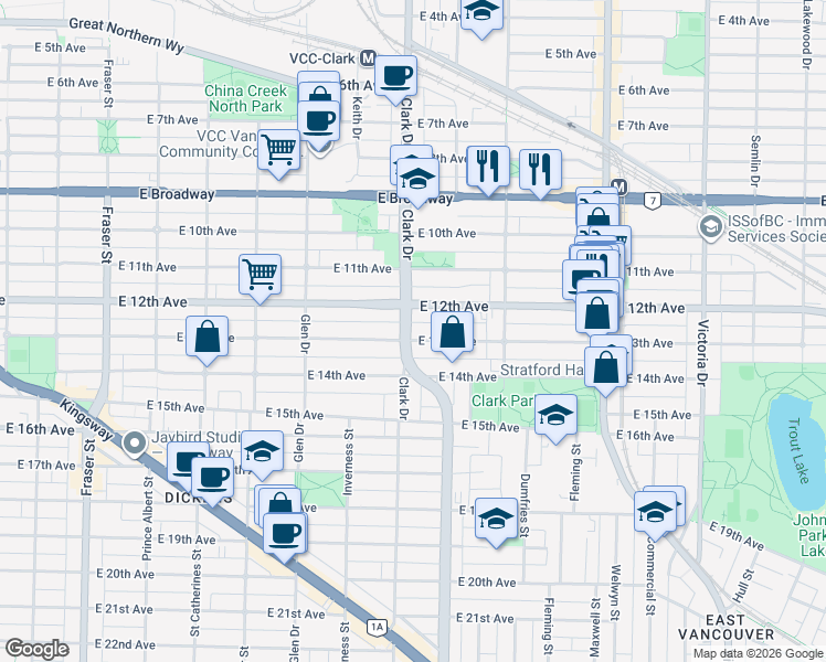 map of restaurants, bars, coffee shops, grocery stores, and more near 2876 Clark Drive in Vancouver