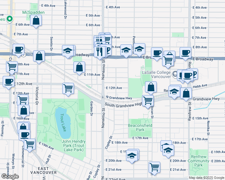 map of restaurants, bars, coffee shops, grocery stores, and more near 2472 East 12th Avenue in Vancouver