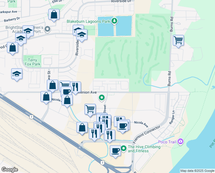 map of restaurants, bars, coffee shops, grocery stores, and more near 15 Avon Place in Port Coquitlam