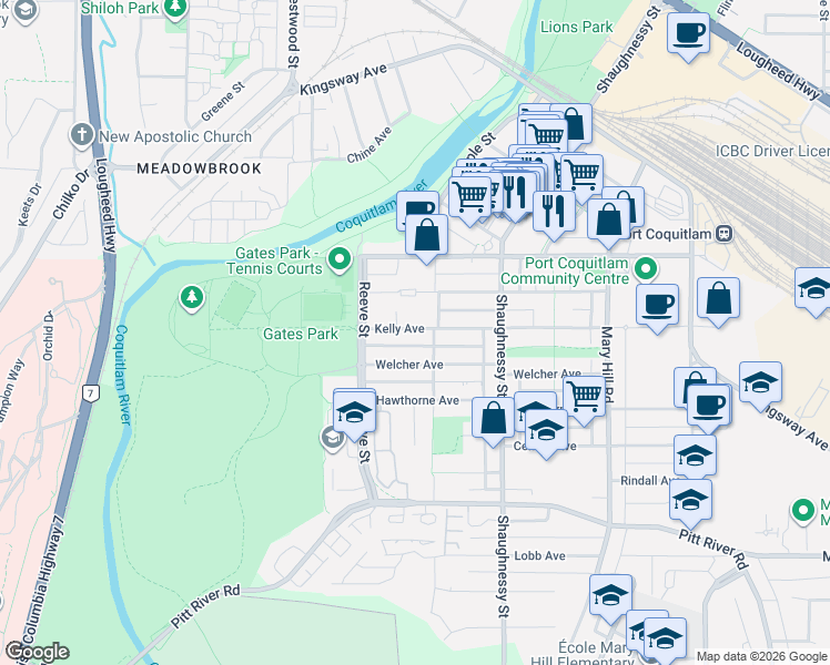 map of restaurants, bars, coffee shops, grocery stores, and more near 2436 Kelly Avenue in Port Coquitlam