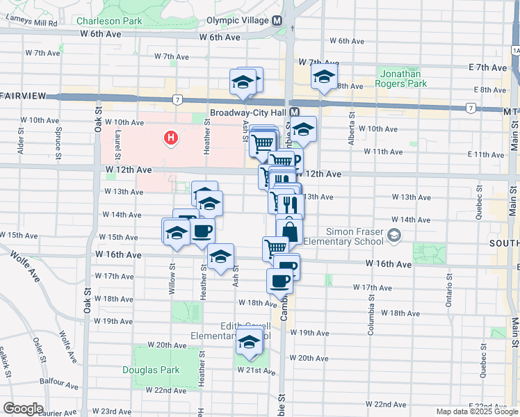 map of restaurants, bars, coffee shops, grocery stores, and more near 555 West 14th Avenue in Vancouver