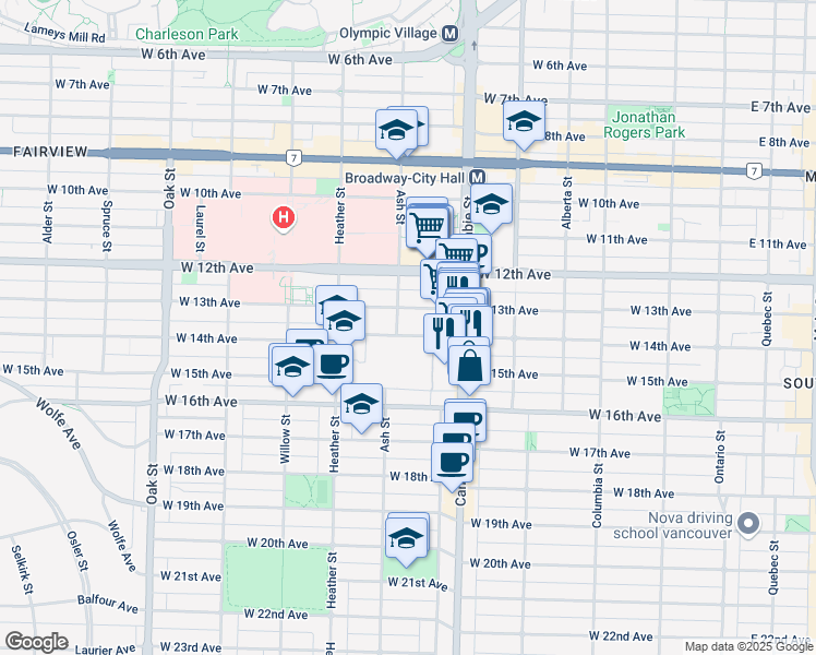 map of restaurants, bars, coffee shops, grocery stores, and more near 2920 Ash Street in Vancouver