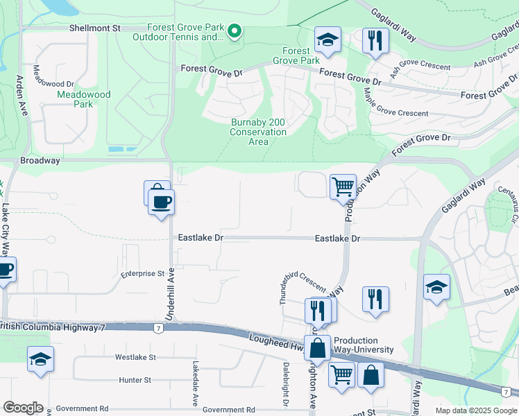map of restaurants, bars, coffee shops, grocery stores, and more near 8301-8399 Eastlake Dr in Burnaby
