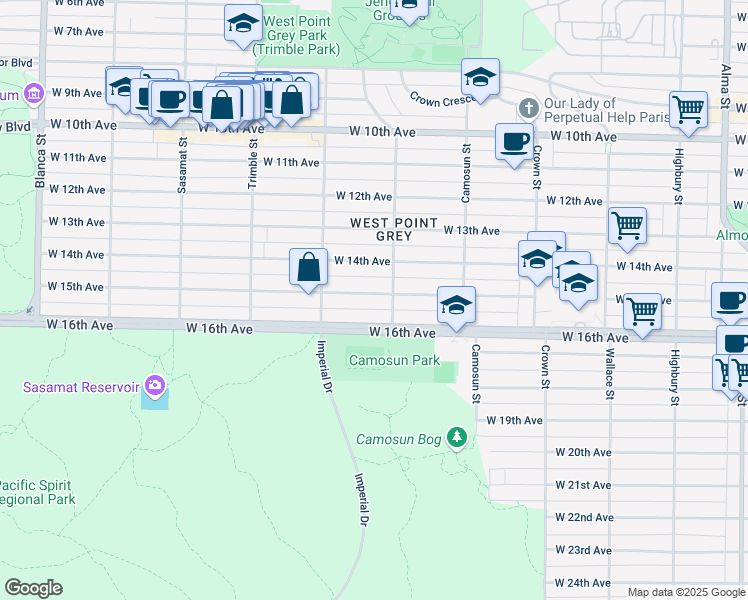 map of restaurants, bars, coffee shops, grocery stores, and more near 4222 West 15th Avenue in Vancouver