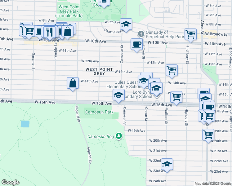 map of restaurants, bars, coffee shops, grocery stores, and more near 4116 West 15th Avenue in Vancouver