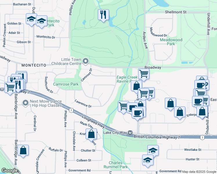 map of restaurants, bars, coffee shops, grocery stores, and more near 7610 Kilrea Crescent in Burnaby