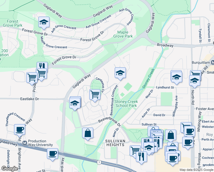 map of restaurants, bars, coffee shops, grocery stores, and more near 2912 Argo Place in Burnaby