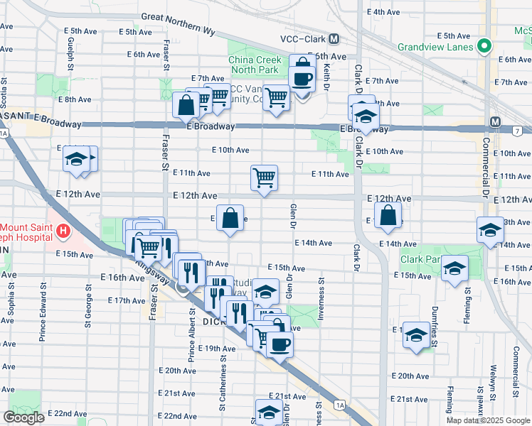 map of restaurants, bars, coffee shops, grocery stores, and more near 1070 East 13th Avenue in Vancouver
