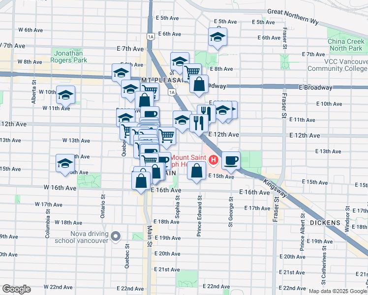 map of restaurants, bars, coffee shops, grocery stores, and more near in Vancouver